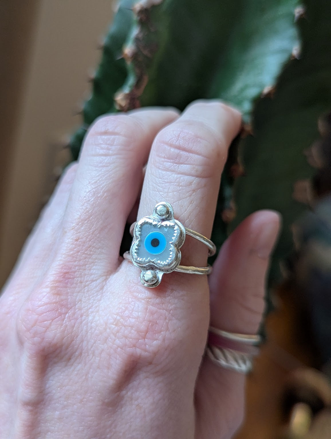 Mother of Pearl Evil Eye Silver Embellished Ring - Size 9