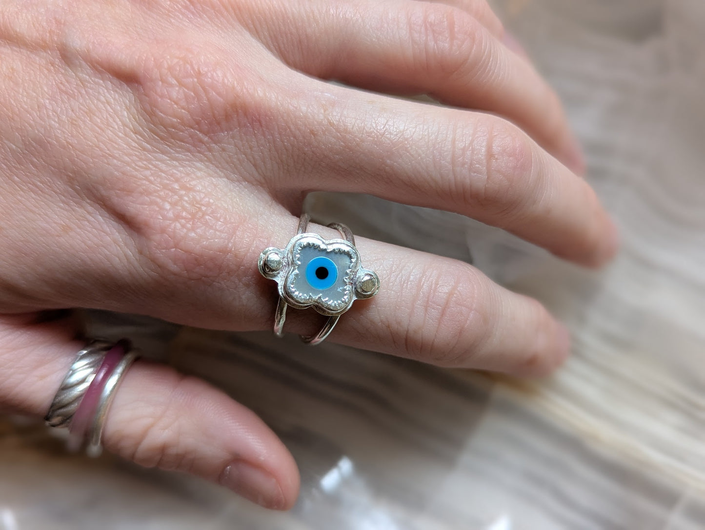 Mother of Pearl Evil Eye Silver Embellished Ring - Size 9