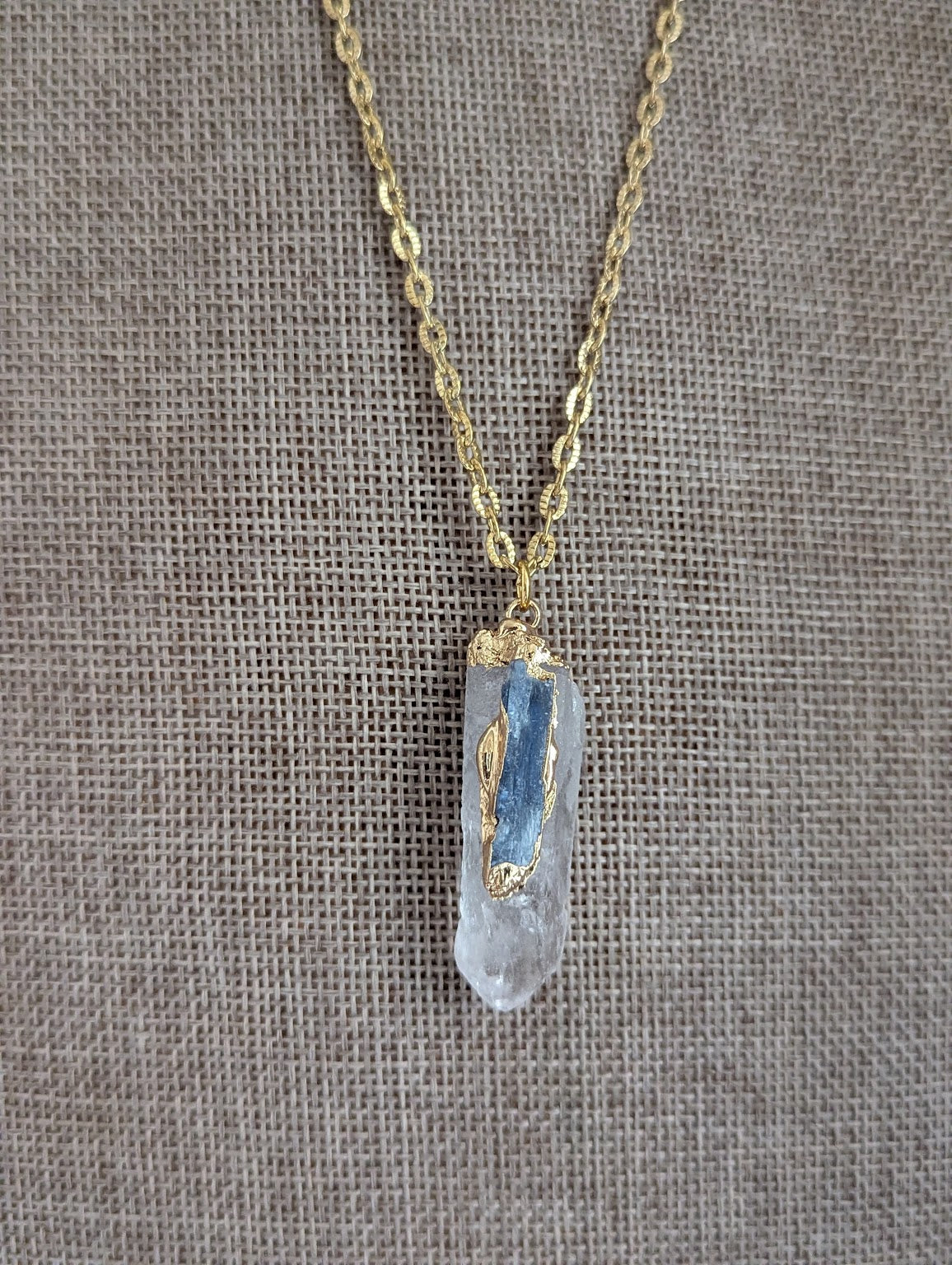 Clear Quartz and Blue Kyanite Gold Necklace