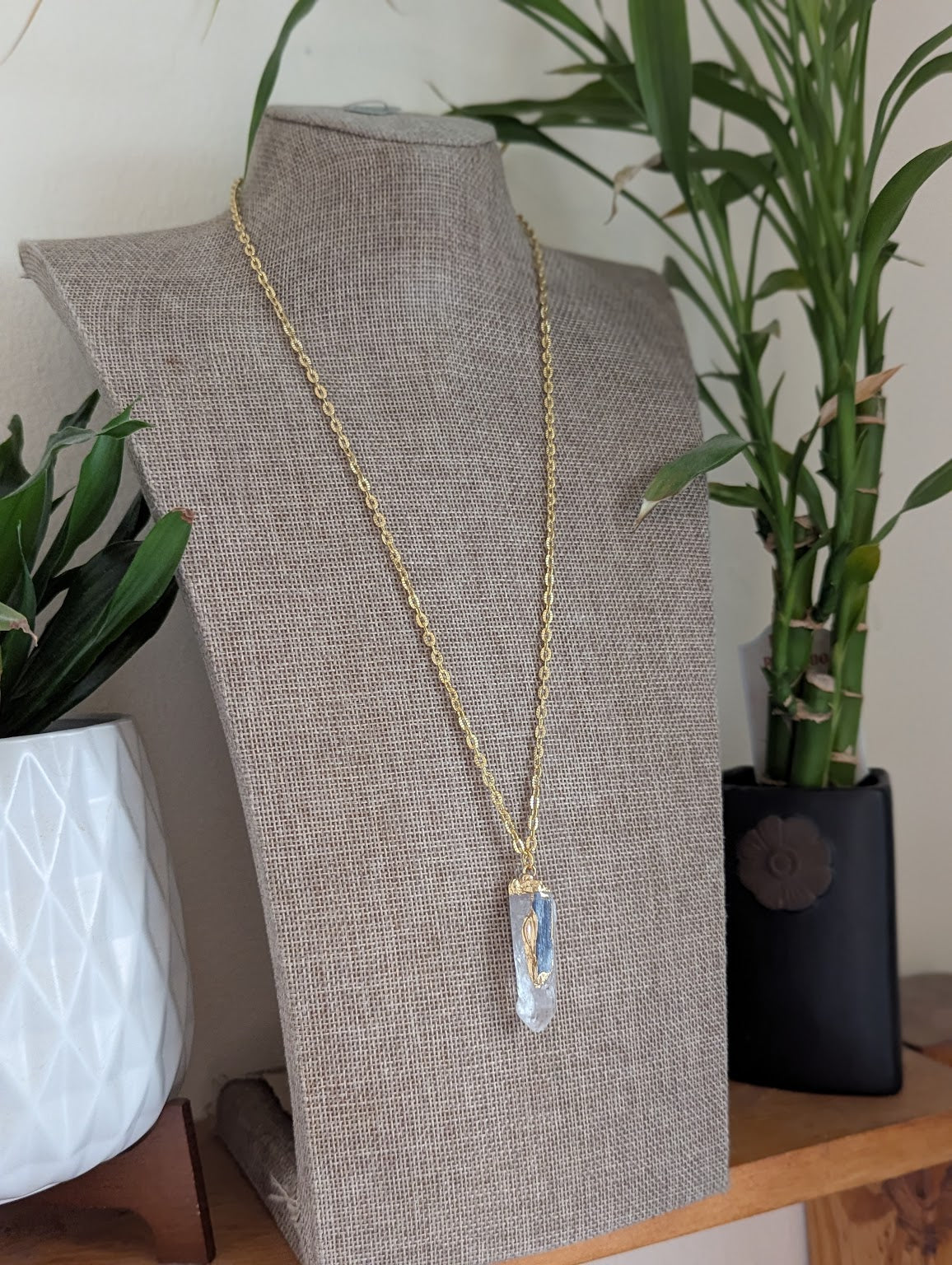 Clear Quartz and Blue Kyanite Gold Necklace