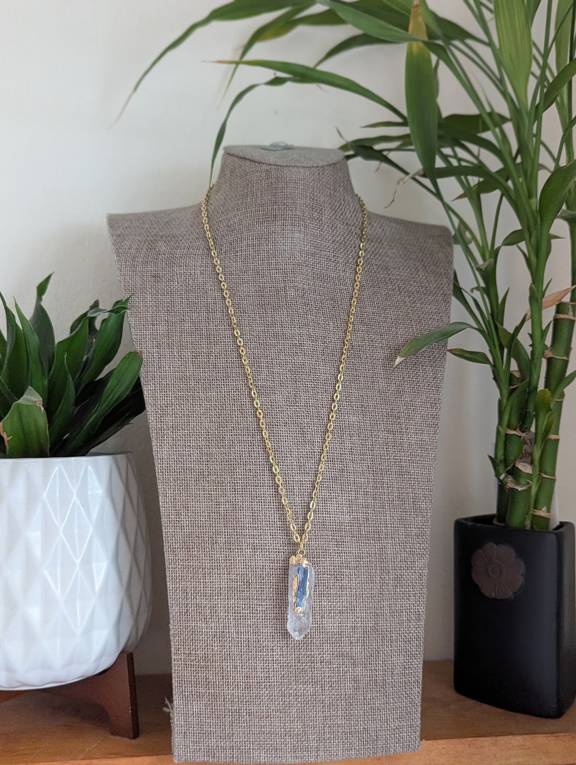 Clear Quartz and Blue Kyanite Gold Necklace