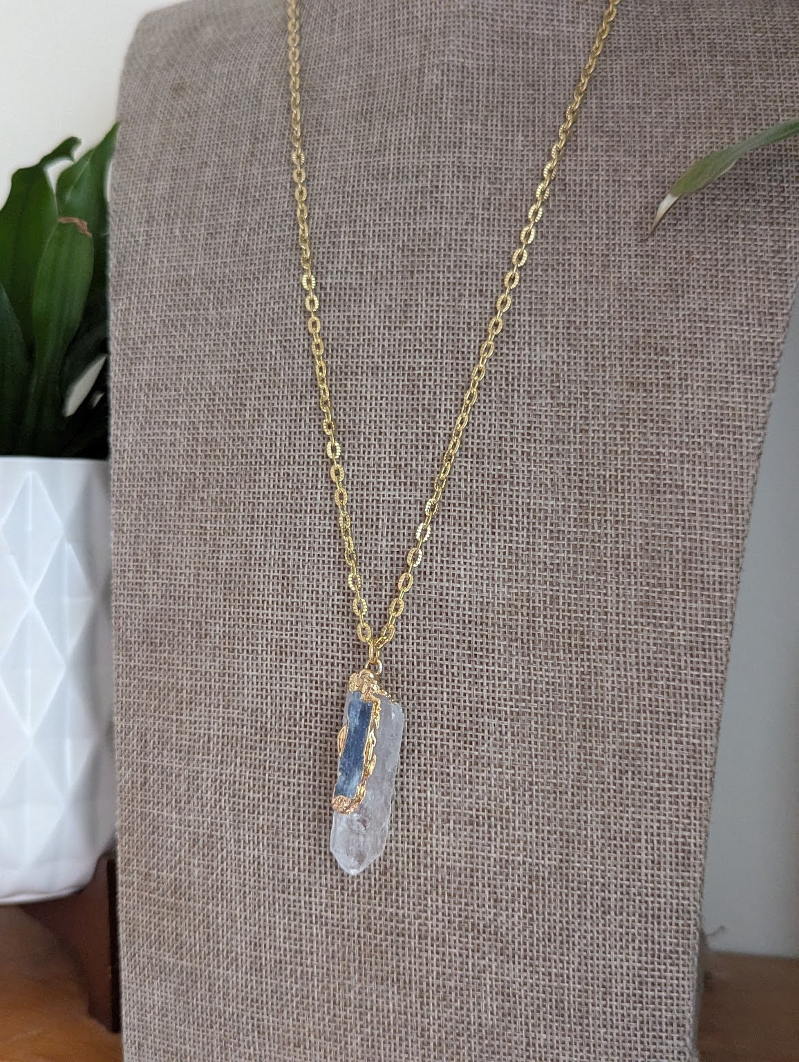 Clear Quartz and Blue Kyanite Gold Necklace