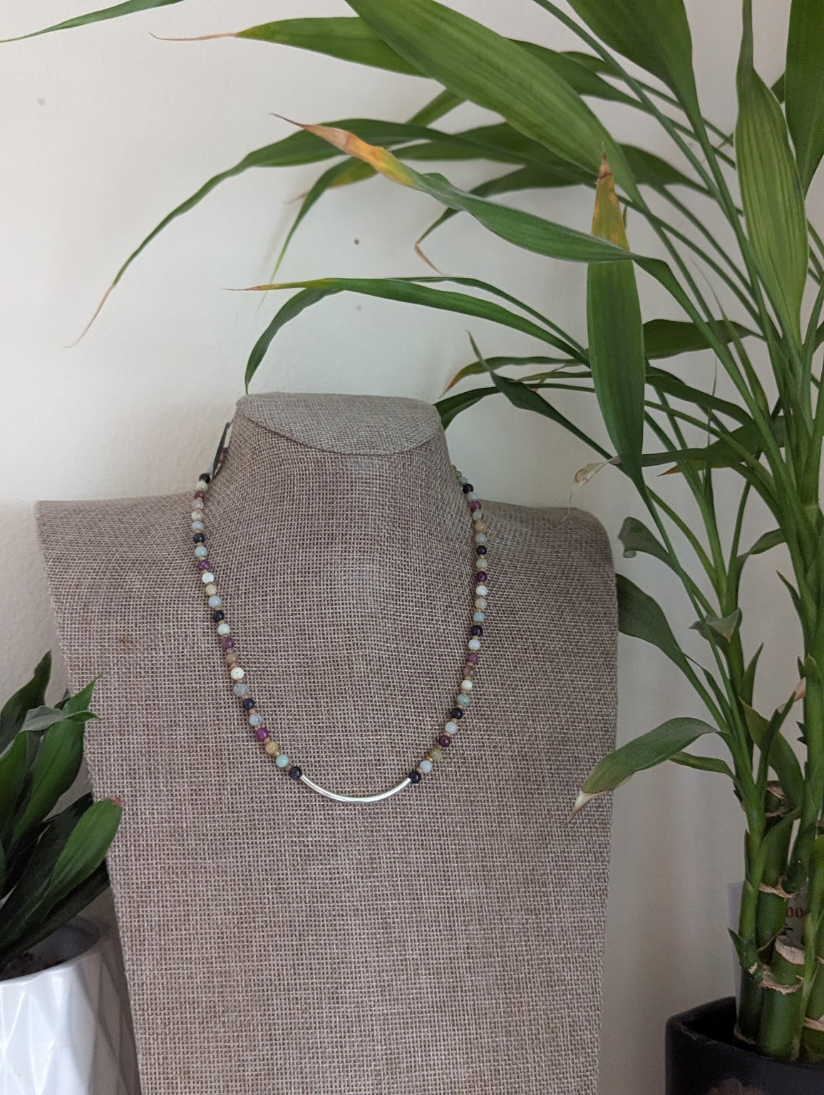 Lepidolite, Blue Goldstone, Amazonite Silver Curved Bar Beaded Necklace