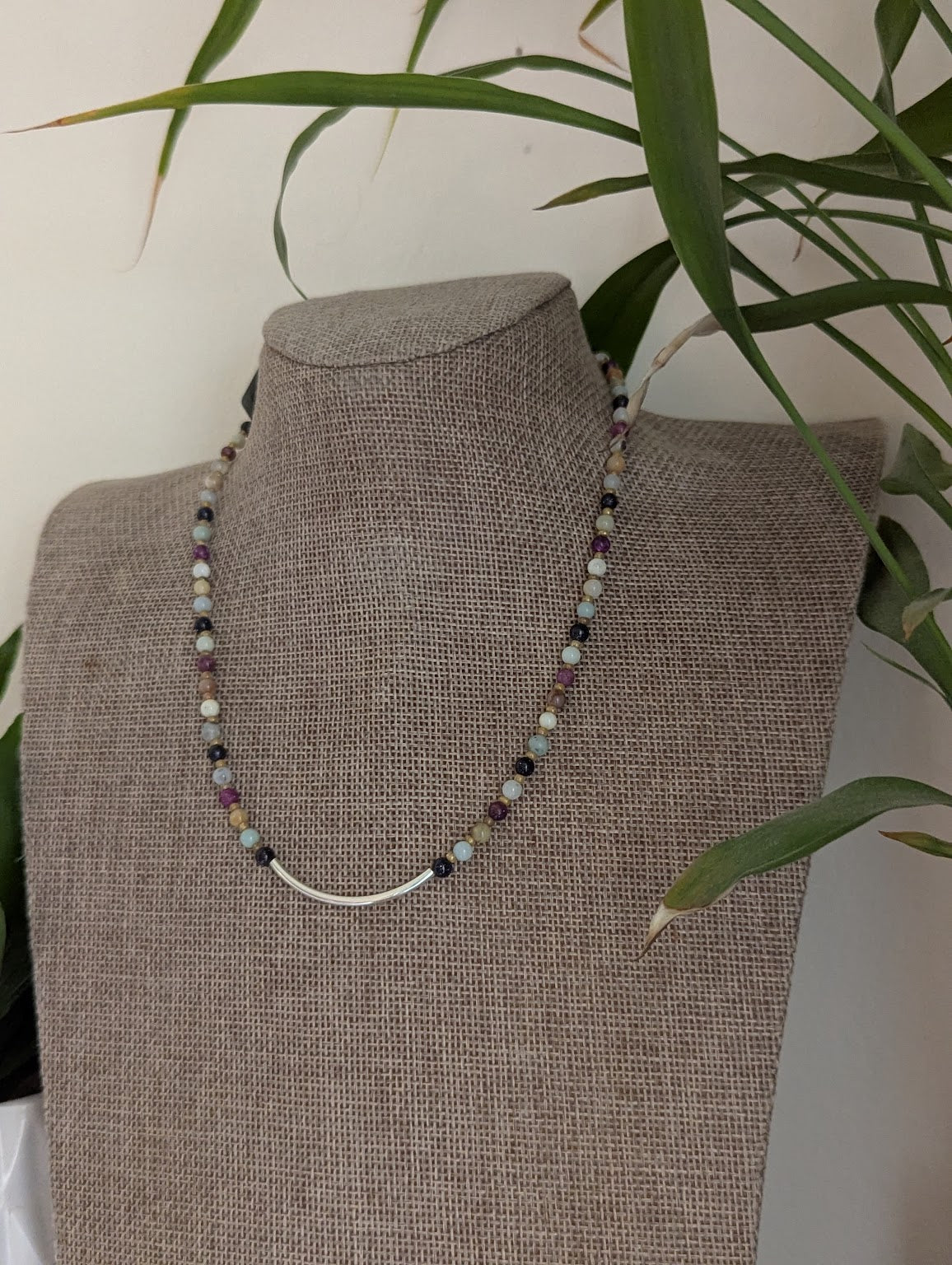 Lepidolite, Blue Goldstone, Amazonite Silver Curved Bar Beaded Necklace