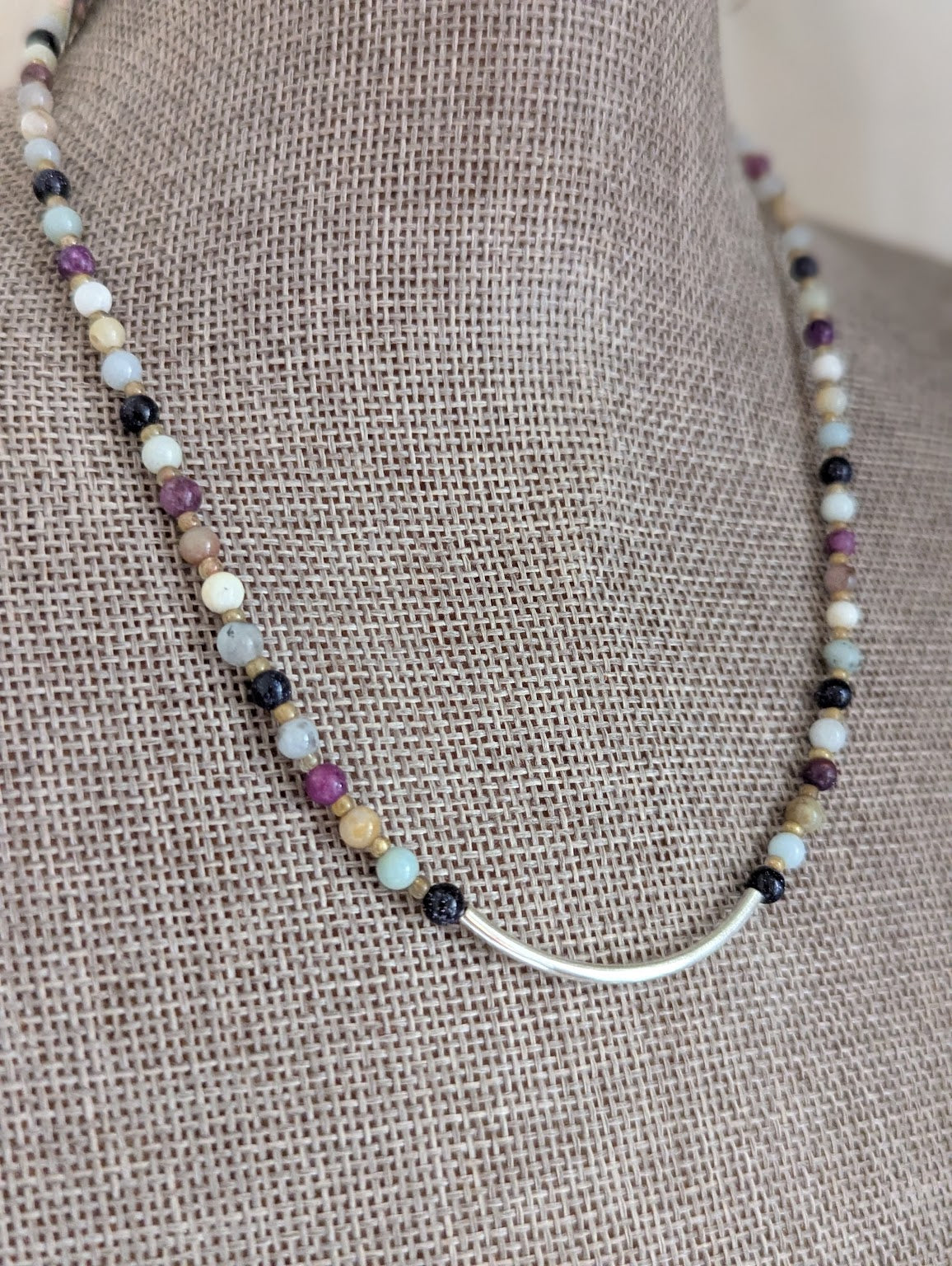 Lepidolite, Blue Goldstone, Amazonite Silver Curved Bar Beaded Necklace