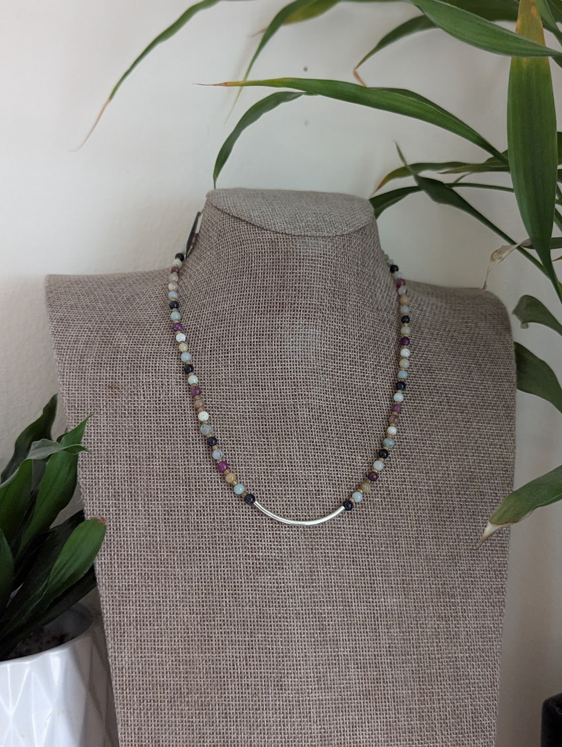 Lepidolite, Blue Goldstone, Amazonite Silver Curved Bar Beaded Necklace