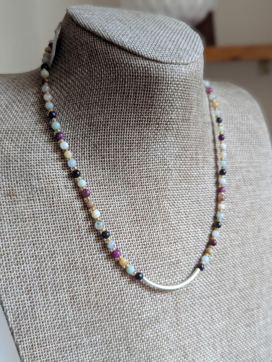 Lepidolite, Blue Goldstone, Amazonite Silver Curved Bar Beaded Necklace