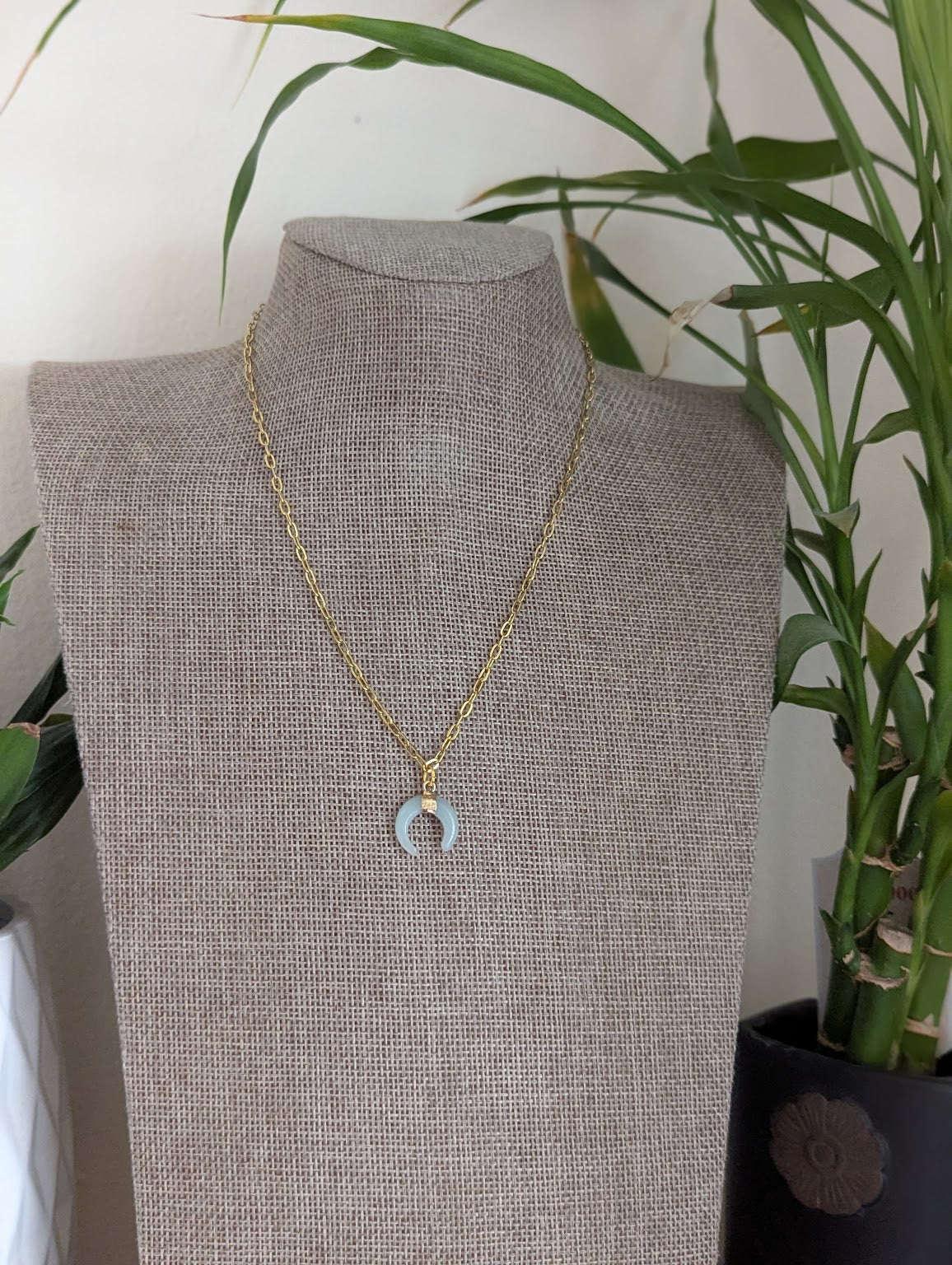 Amazonite Crescent Moon Gold Paperclip Chain