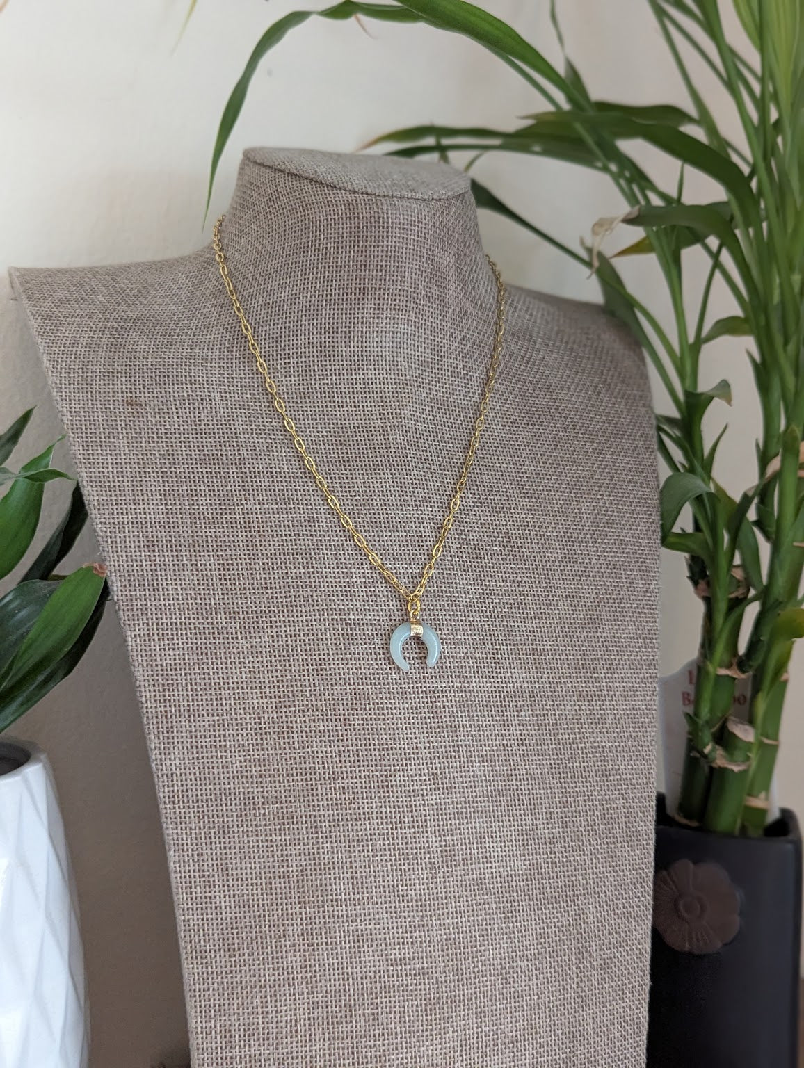 Amazonite Crescent Moon Gold Paperclip Chain
