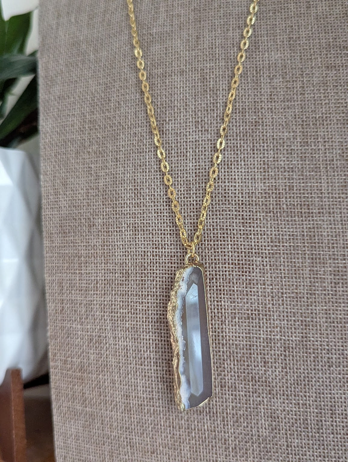Long Agate Gold Stainless Necklace