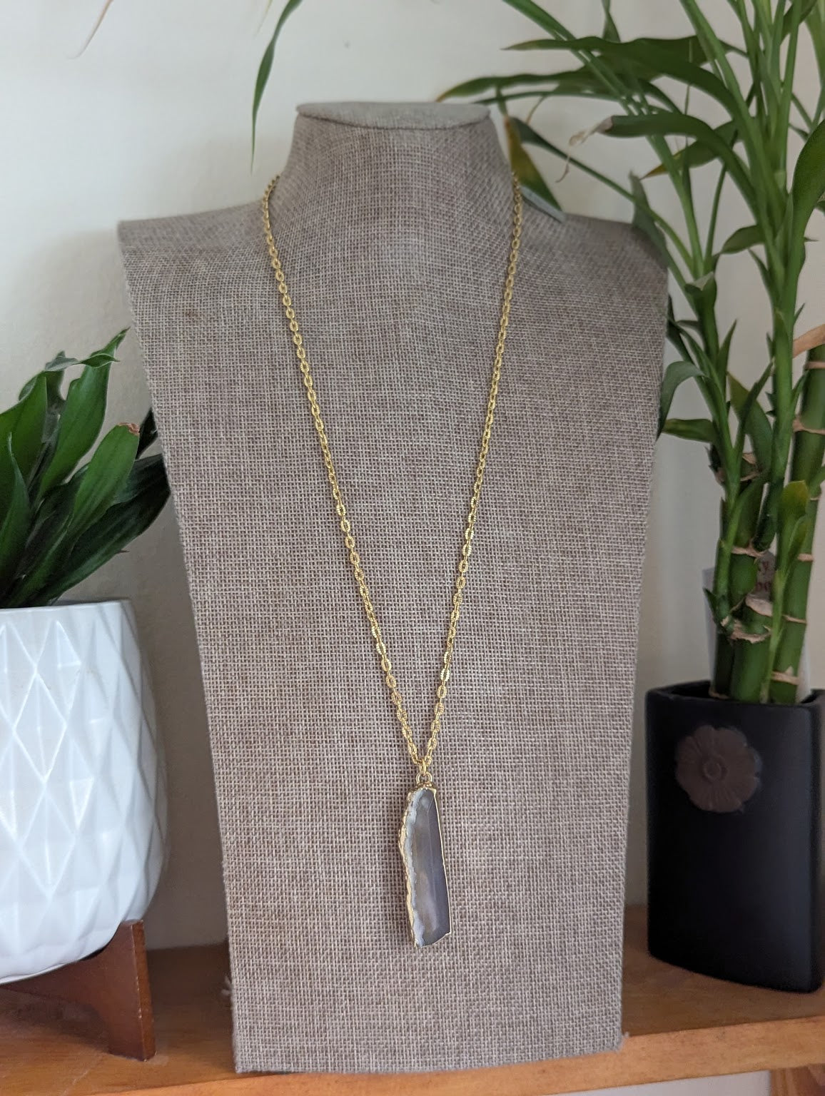 Long Agate Gold Stainless Necklace