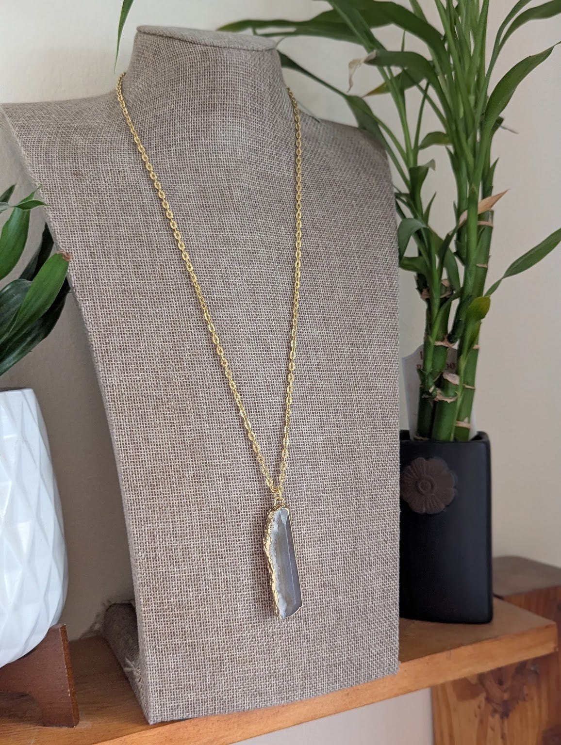 Long Agate Gold Stainless Necklace