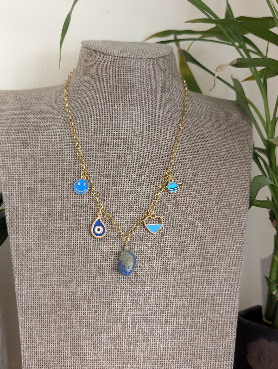 Mixed Blue Charm Gold Necklace