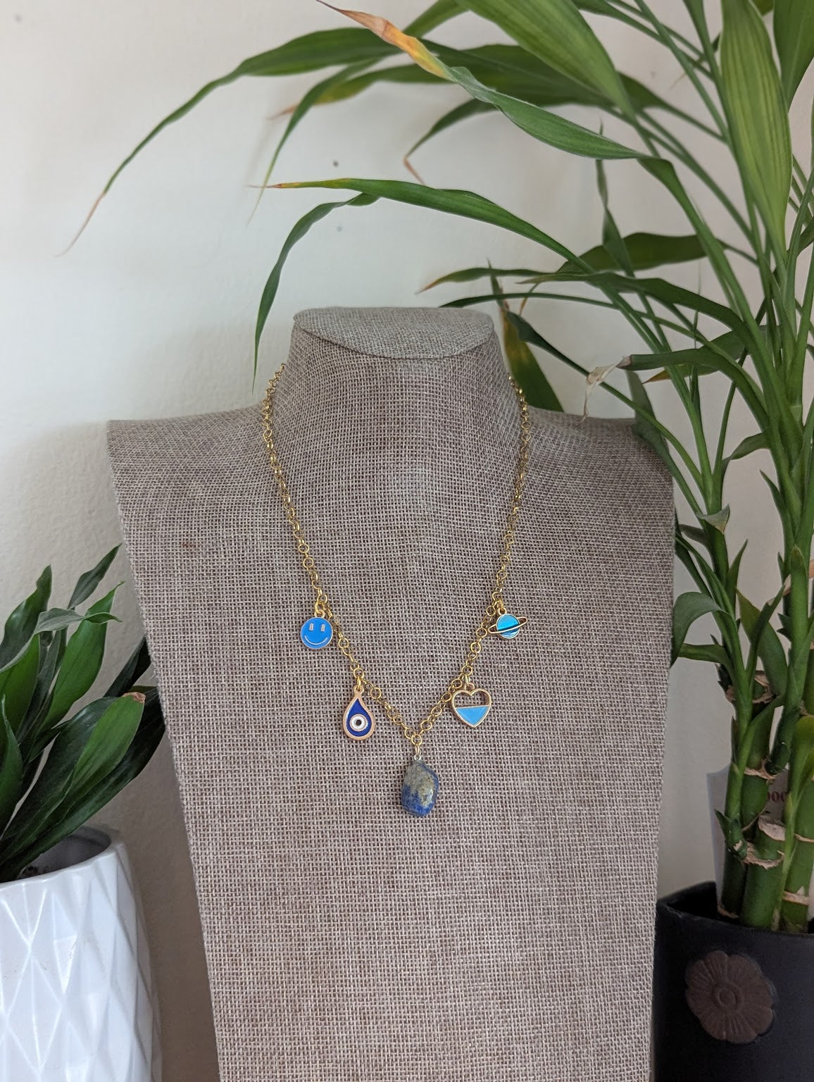 Mixed Blue Charm Gold Necklace
