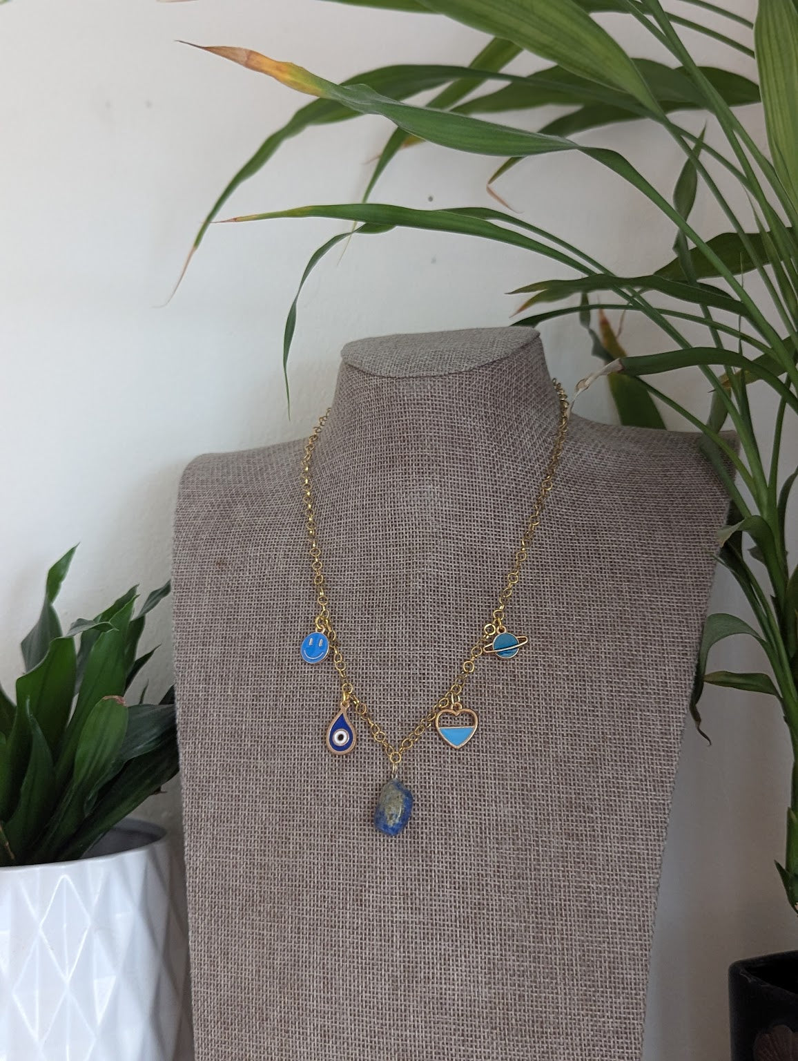 Mixed Blue Charm Gold Necklace