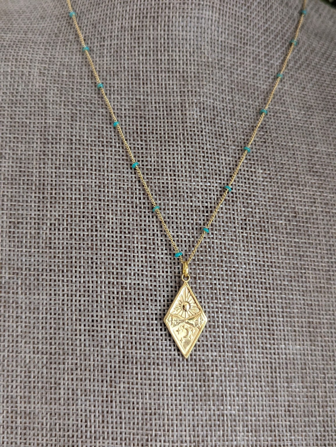 Diamond Sun Moon Mountain Gold and Turquoise Necklace