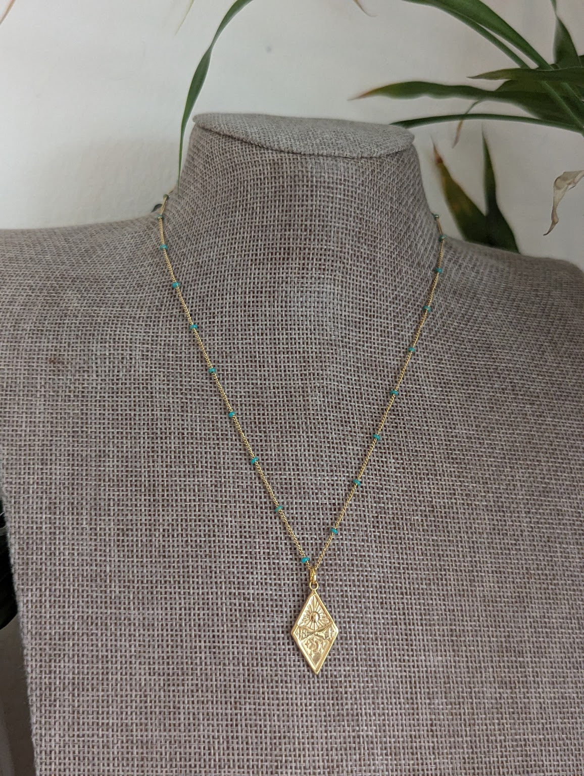 Diamond Sun Moon Mountain Gold and Turquoise Necklace