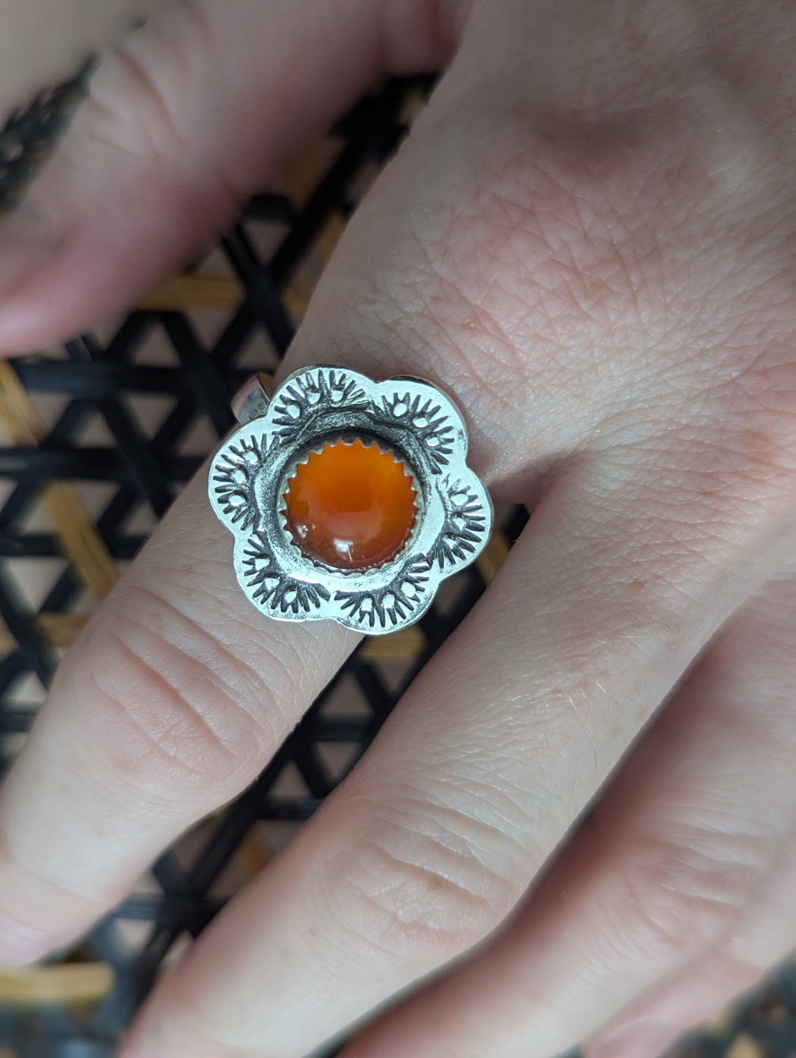 Carnelian Stamped Flower Silver Ring - Size 7.5