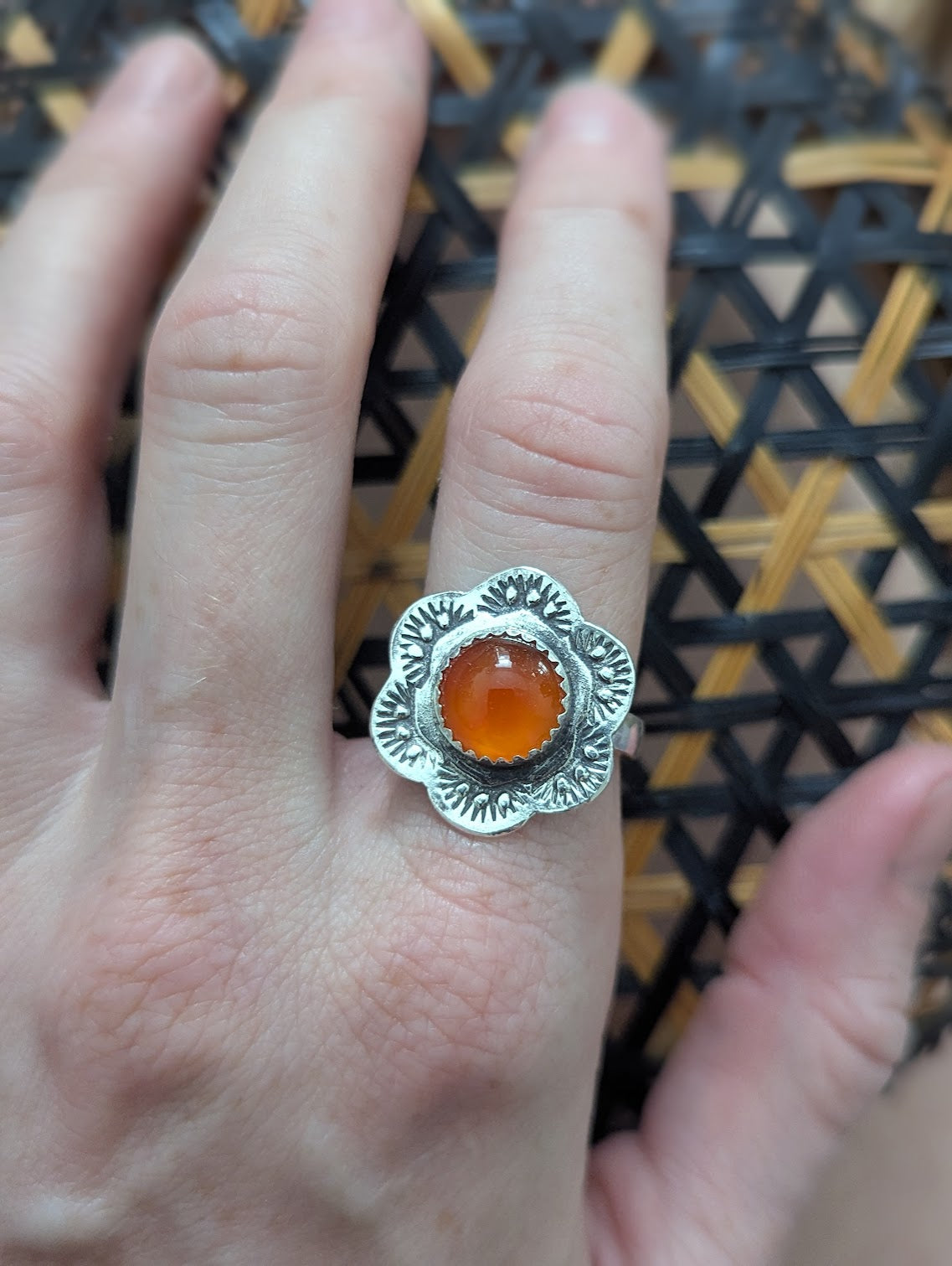 Carnelian Stamped Flower Silver Ring - Size 7.5
