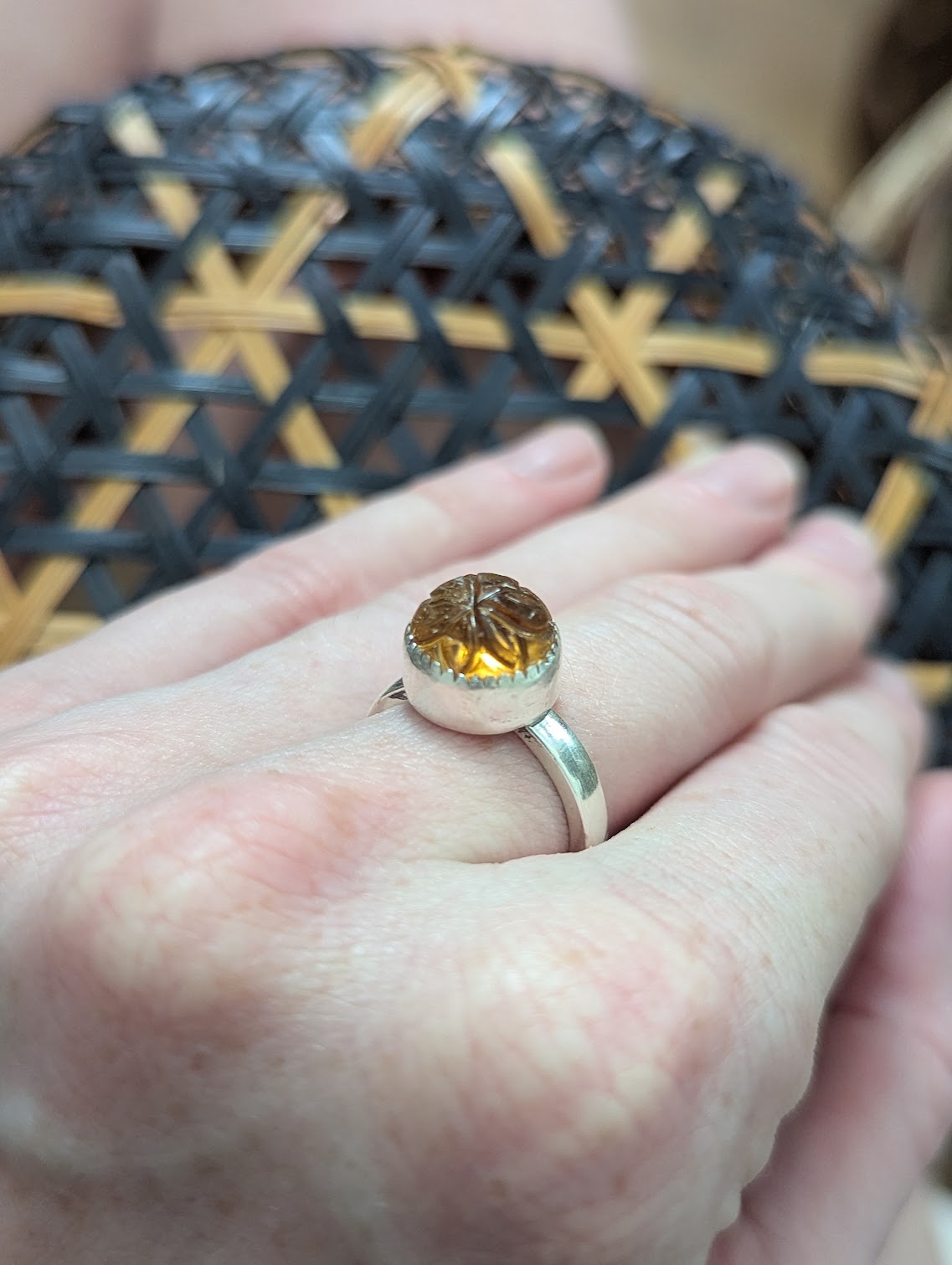 Citrine Carved Floral Silver Ring - Size 5.5