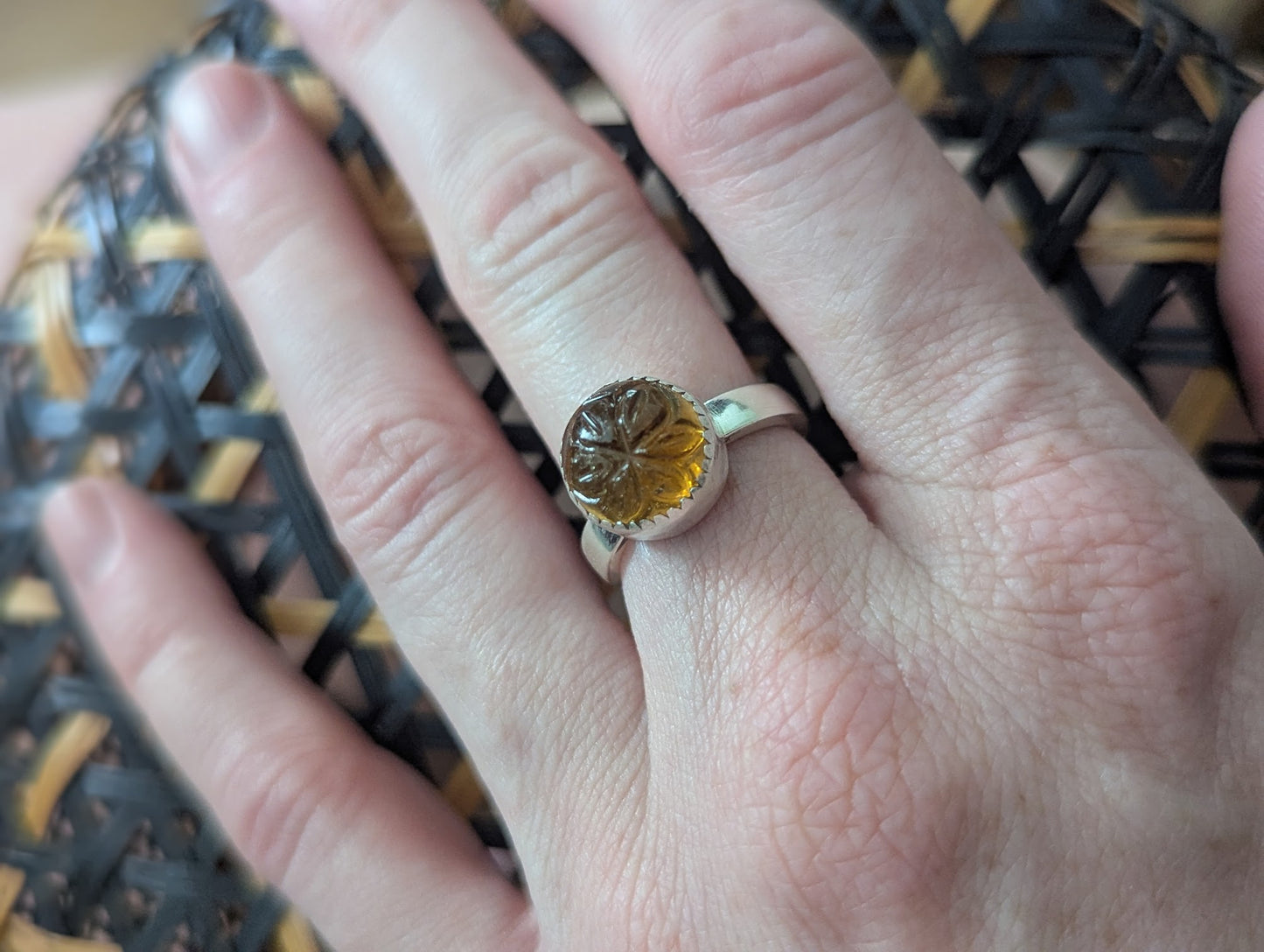 Citrine Carved Floral Silver Ring - Size 5.5