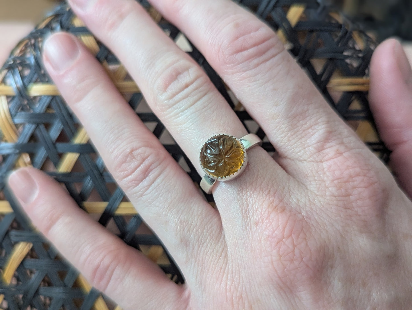 Citrine Carved Floral Silver Ring - Size 5.5