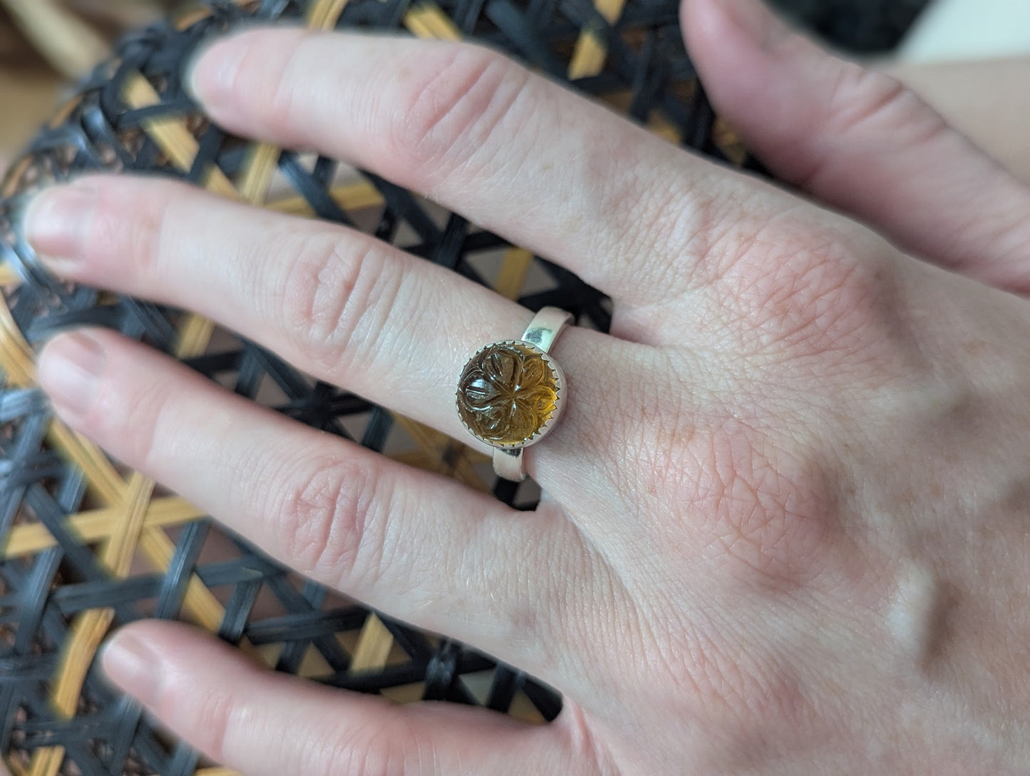 Citrine Carved Floral Silver Ring - Size 5.5