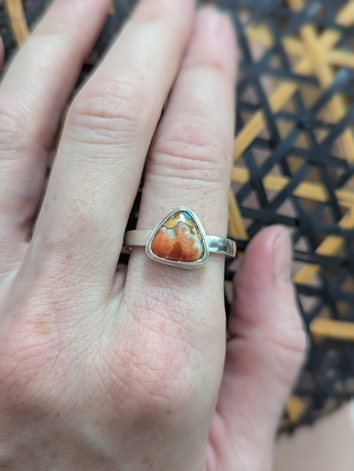 Spiny Oyster Trillion Silver Ring - Size 11