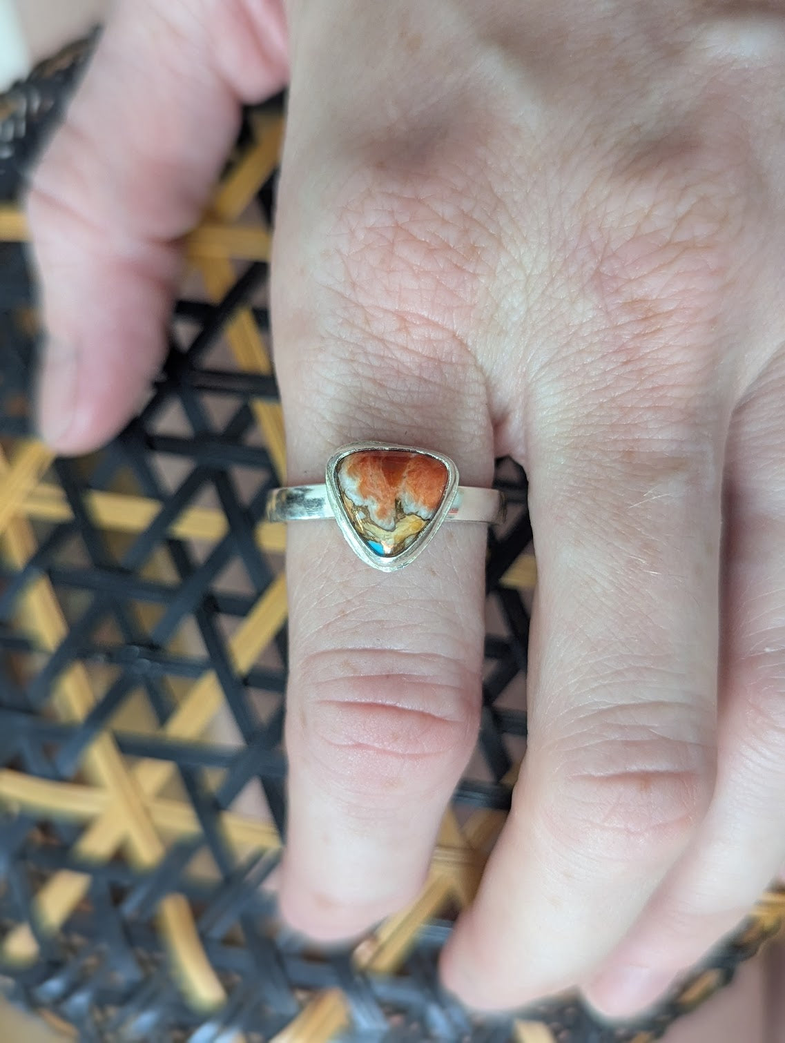 Spiny Oyster Trillion Silver Ring - Size 11