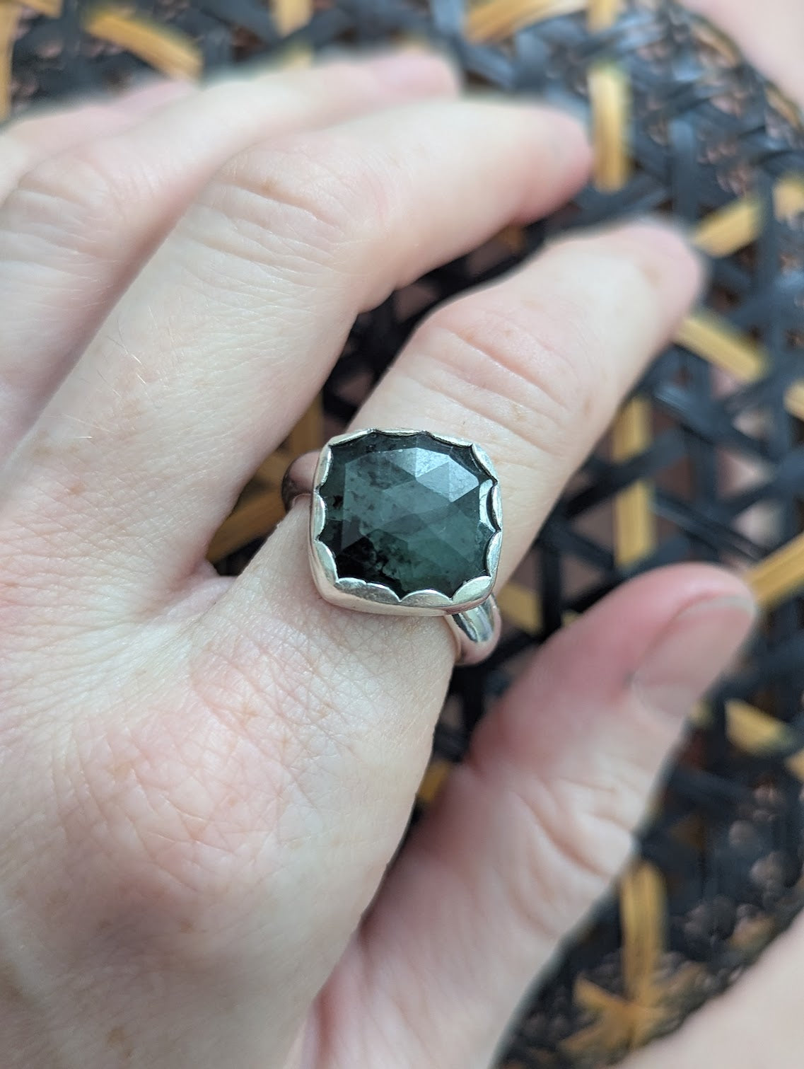 Faceted Emerald Square Silver Ring - Size 8