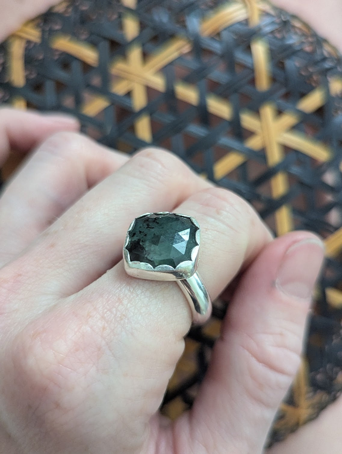 Faceted Emerald Square Silver Ring - Size 8