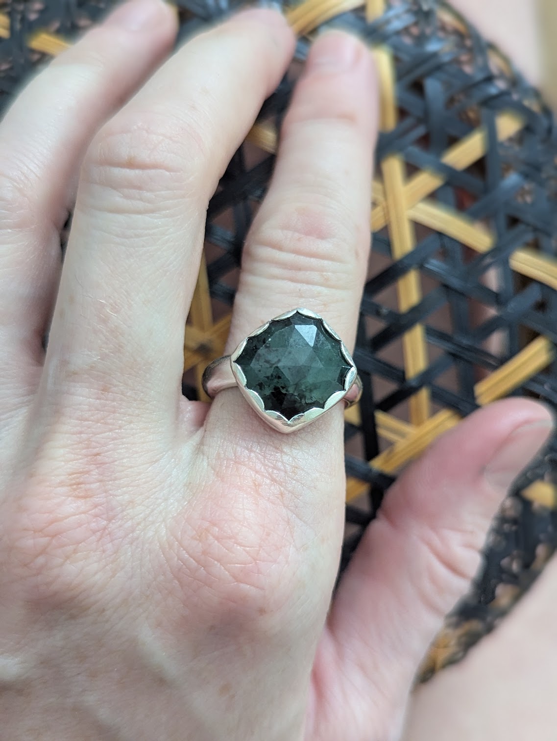 Faceted Emerald Square Silver Ring - Size 8