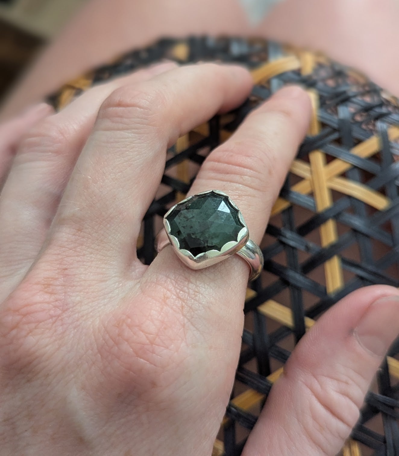 Faceted Emerald Square Silver Ring - Size 8