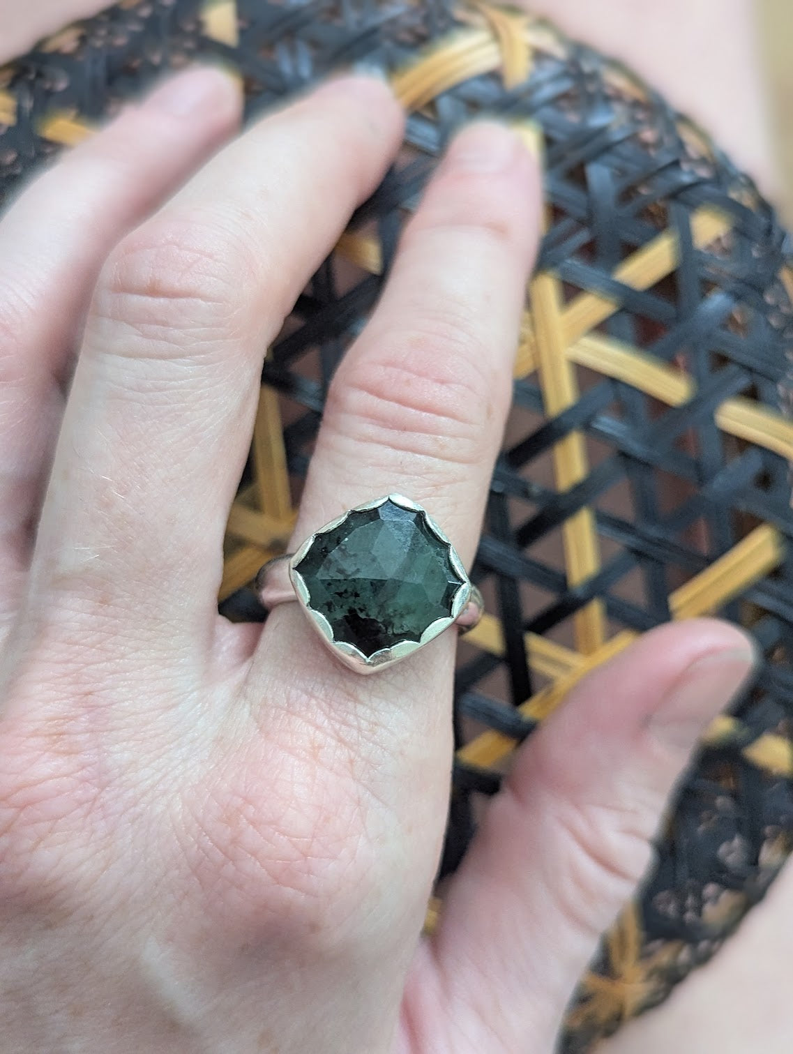 Faceted Emerald Square Silver Ring - Size 8