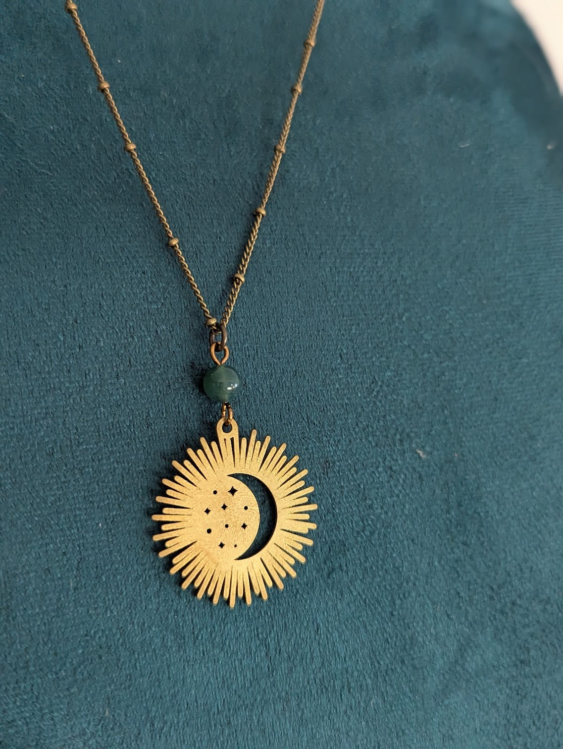 Brass Crescent Moon Rays Moss Agate Necklace
