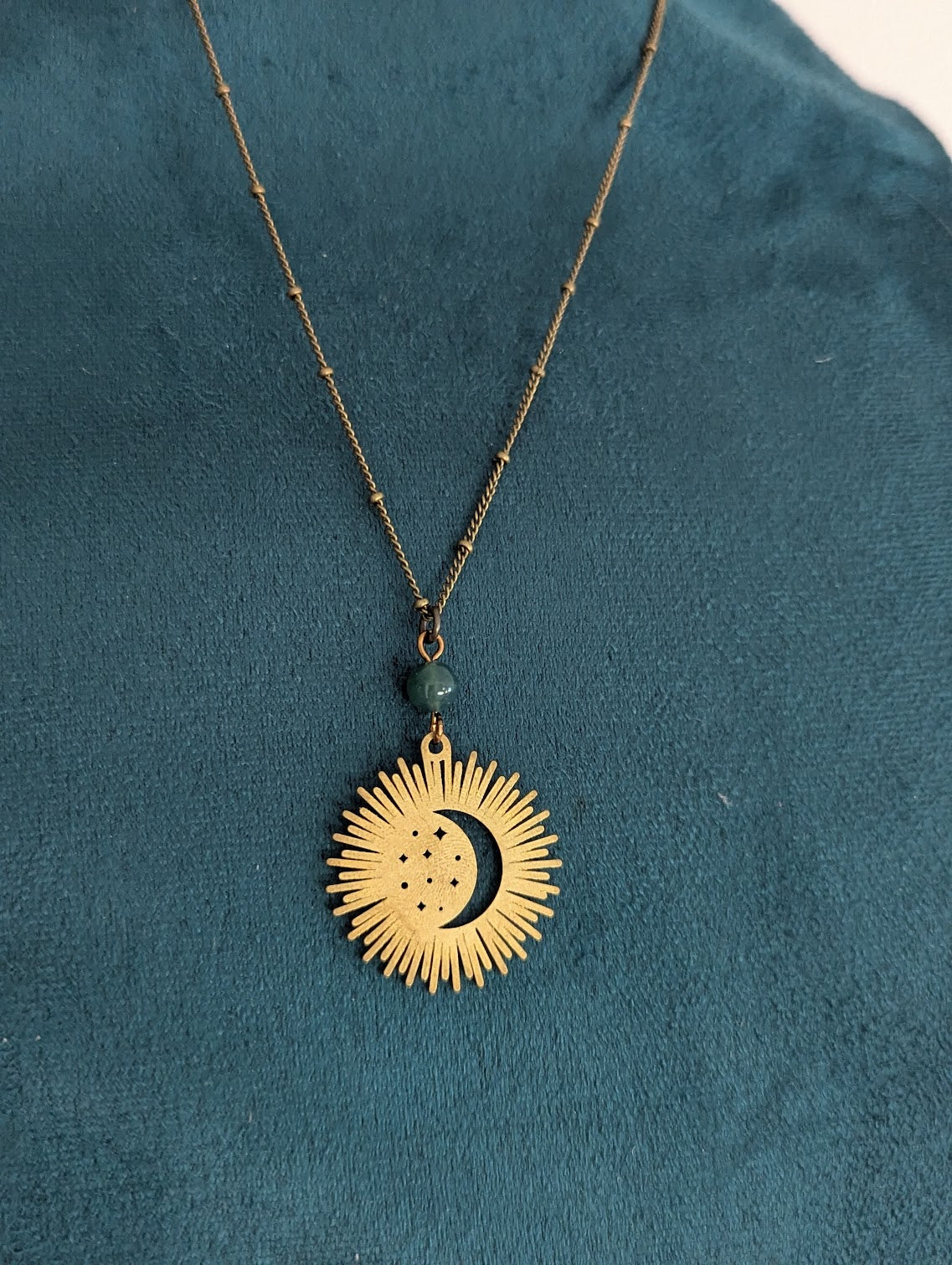 Brass Crescent Moon Rays Moss Agate Necklace