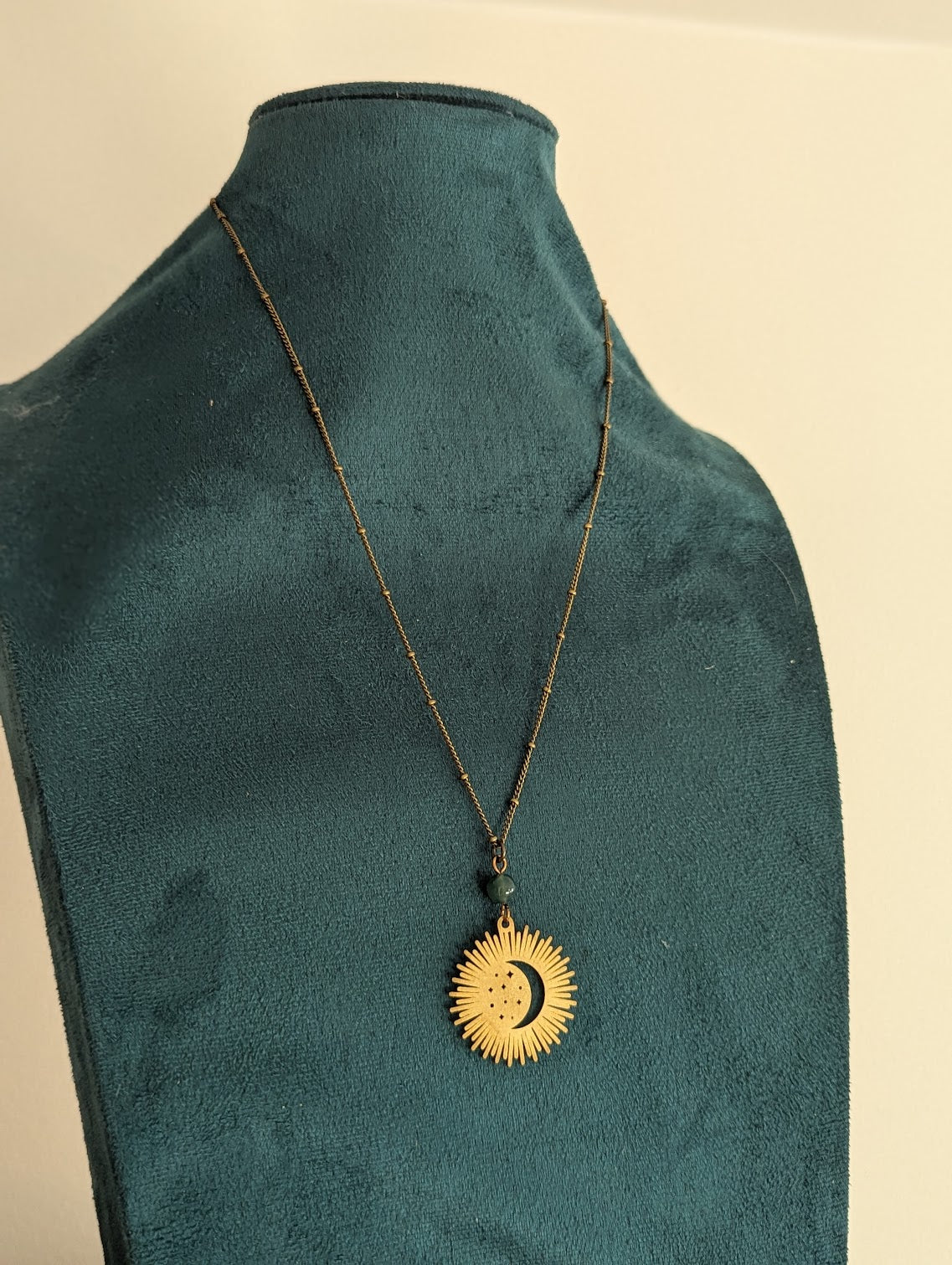 Brass Crescent Moon Rays Moss Agate Necklace