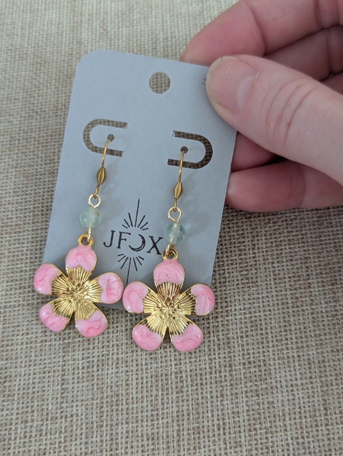 Pink Enamel Fluorite Gold Flower Earrings