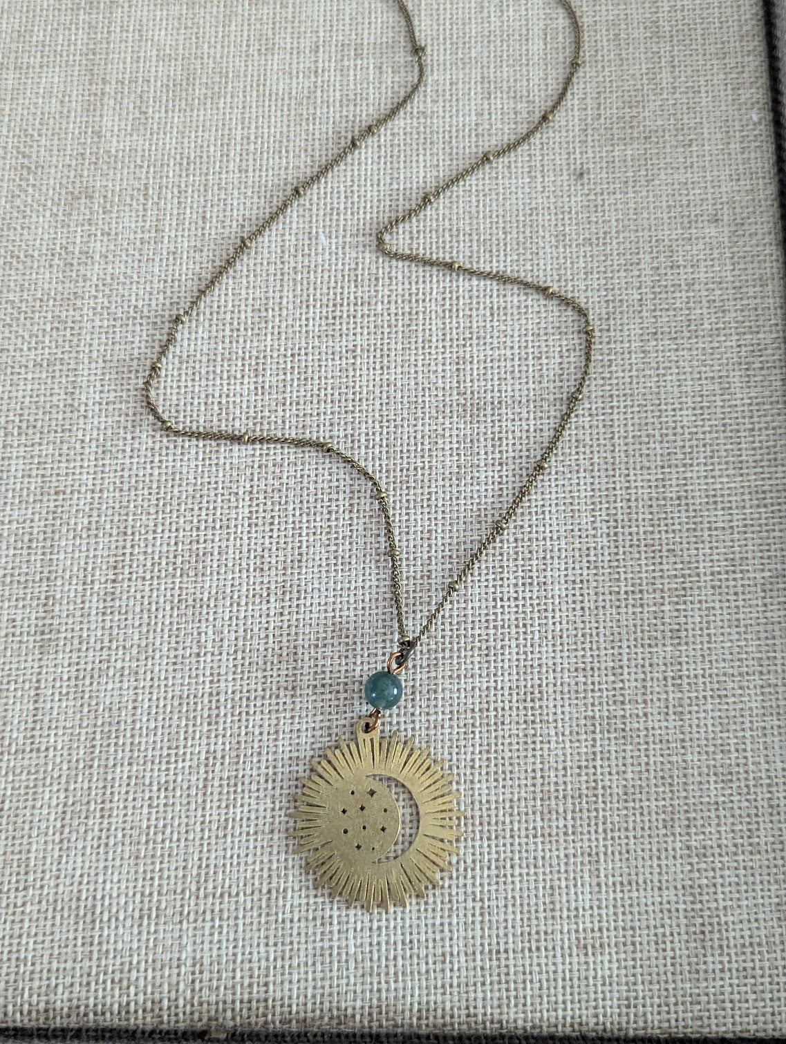 Brass Crescent Moon Rays Moss Agate Necklace
