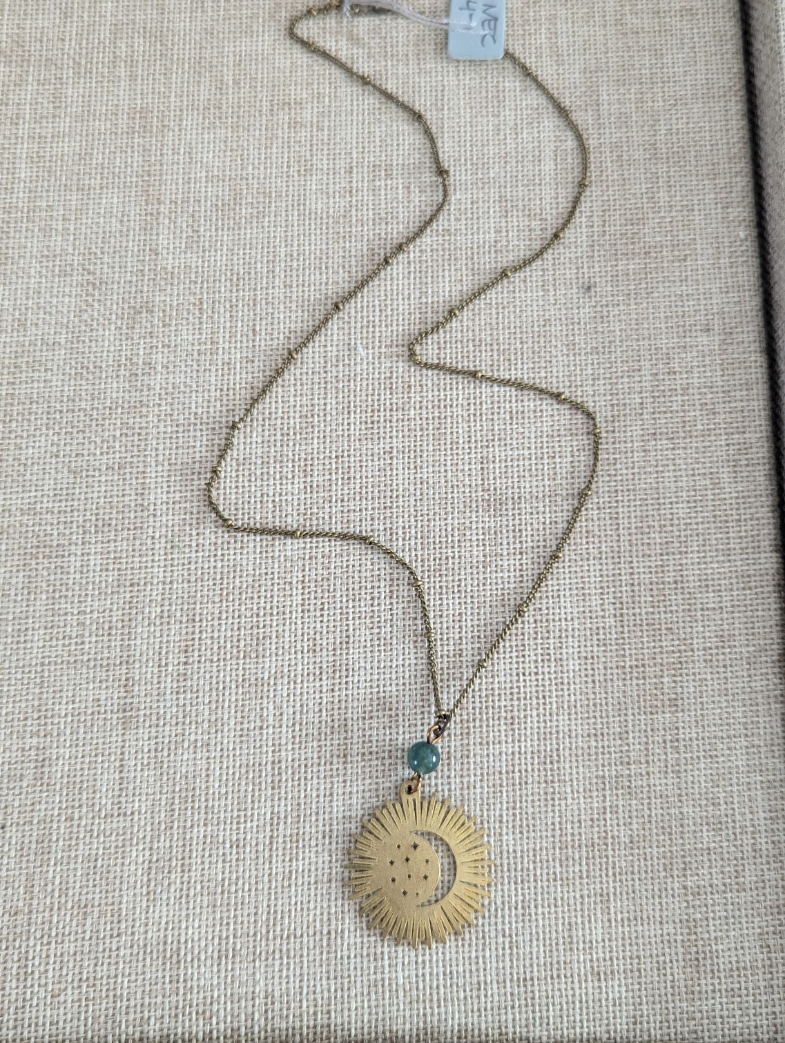 Brass Crescent Moon Rays Moss Agate Necklace