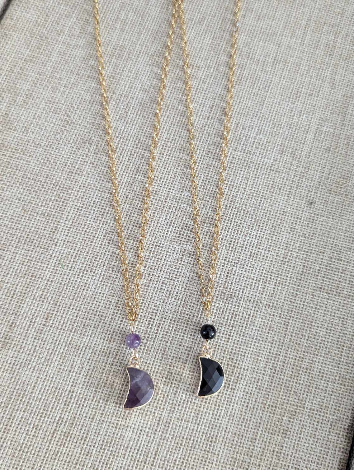 Gemstone Crescent Moon Gold Necklace (Various Options Available)