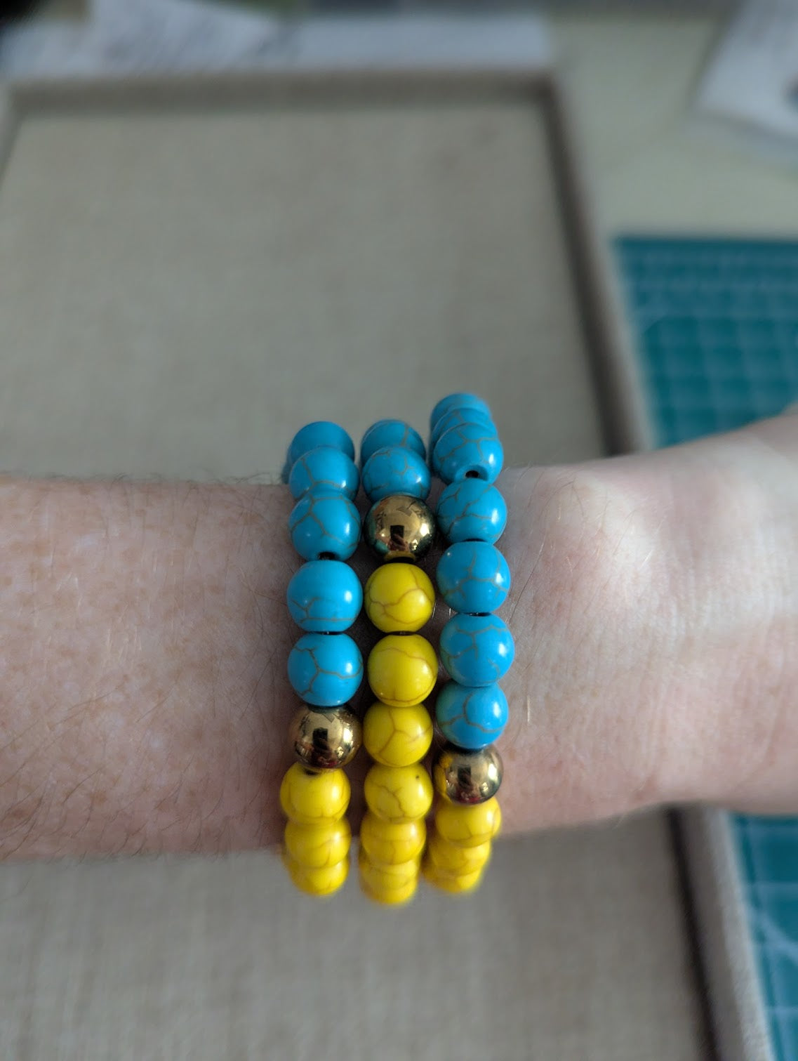 Turquoise and Yellow Howlite and Gold Howlite Stretch Bracelet (Various Sizes Available)