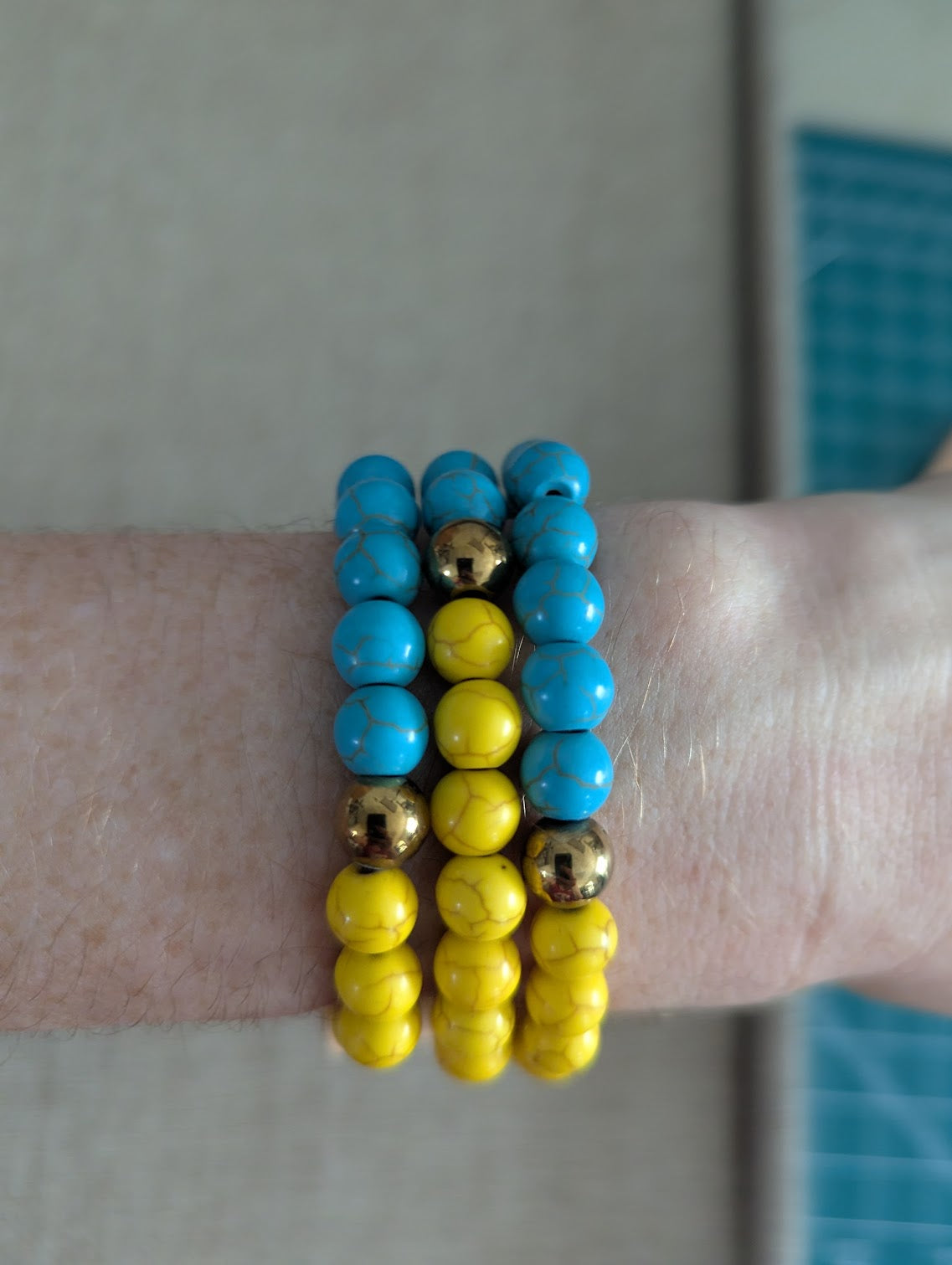 Turquoise and Yellow Howlite and Gold Howlite Stretch Bracelet (Various Sizes Available)