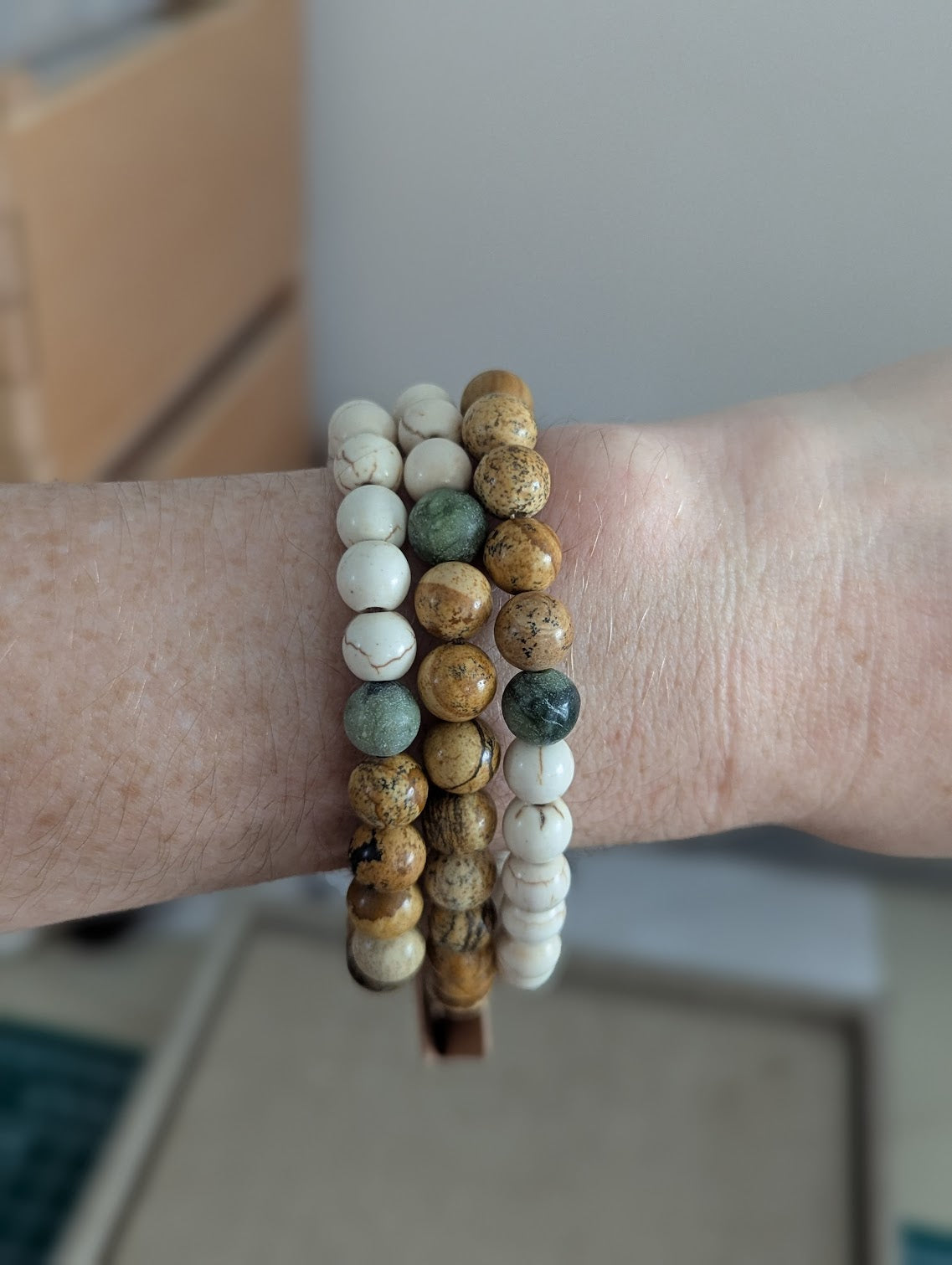 Picture Jasper, Howlite and Jade Stretch Bracelet (Various Sizes Available)