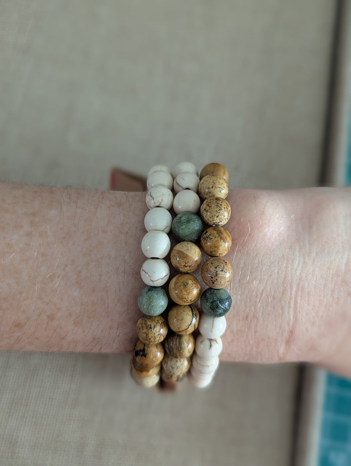Picture Jasper, Howlite and Jade Stretch Bracelet (Various Sizes Available)