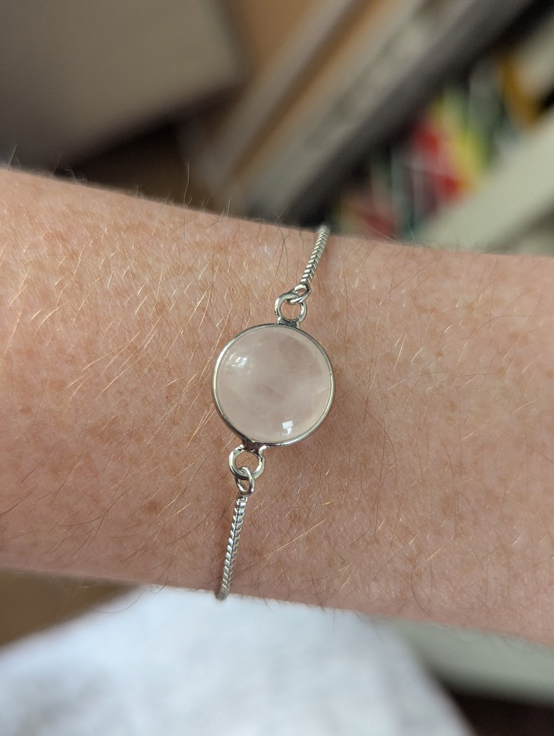 Round Rose Quartz Silver Slider Bracelet