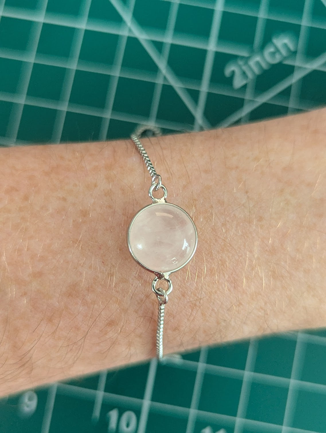 Round Rose Quartz Silver Slider Bracelet