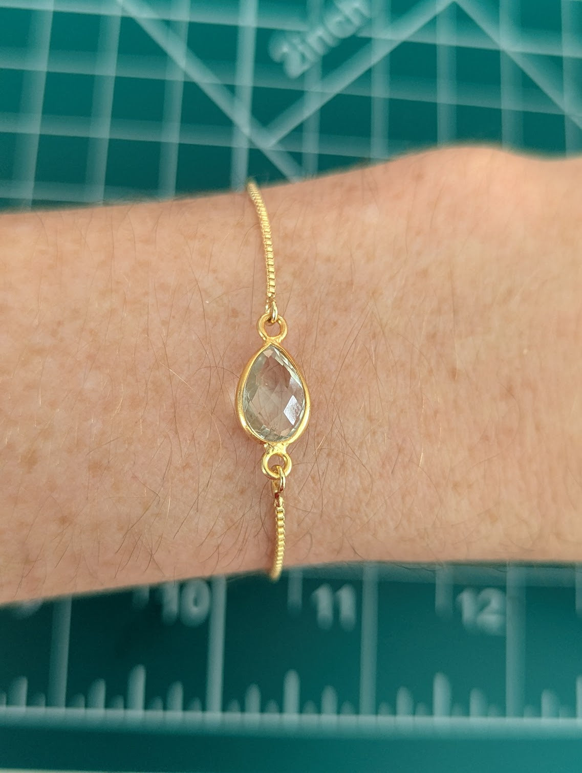 Faceted Prasiolite Teardrop Gold Slider Bracelet