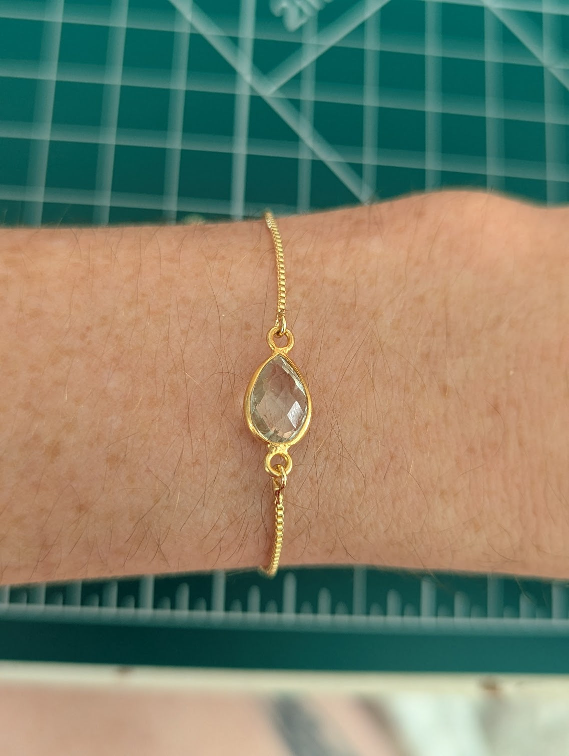 Faceted Prasiolite Teardrop Gold Slider Bracelet