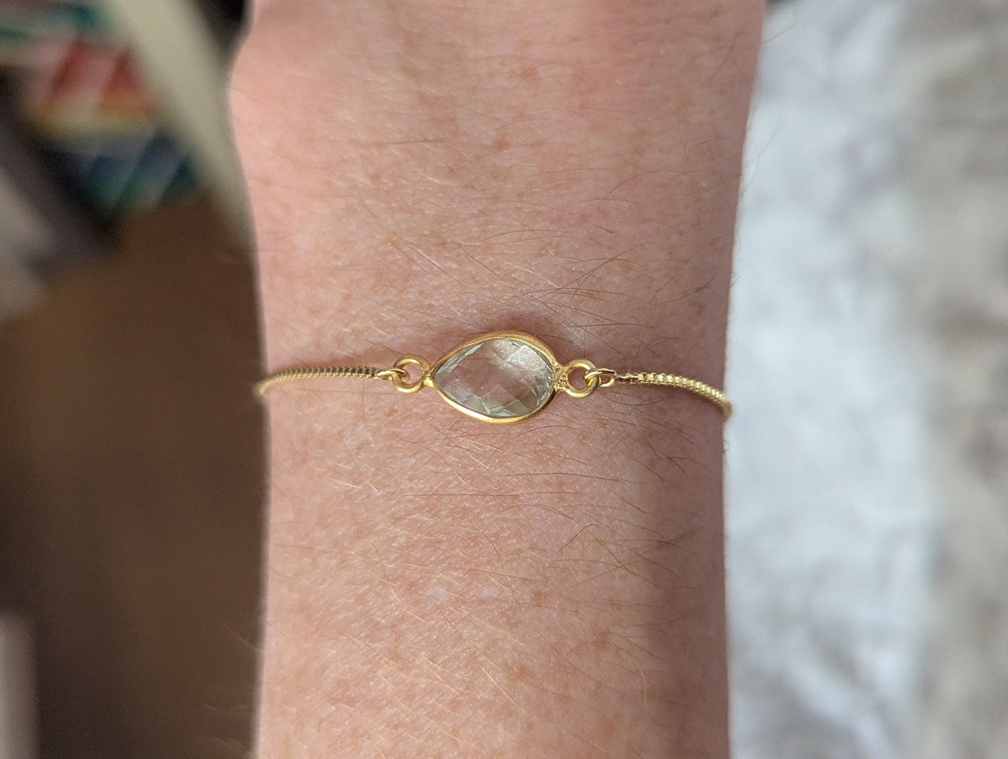 Faceted Prasiolite Teardrop Gold Slider Bracelet